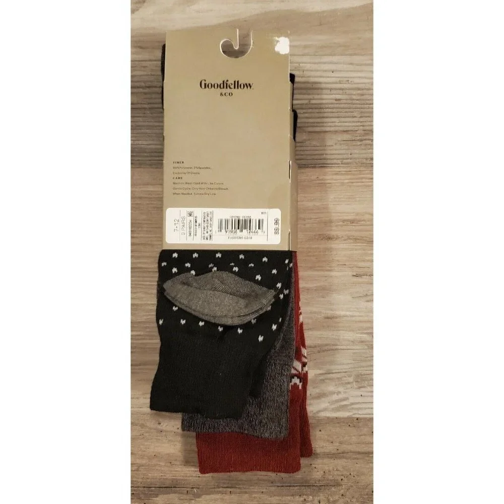 New Mens Goodfellow & Co 3 pack Crew Socks Wine print/Gray Solid/Black Size 7-12